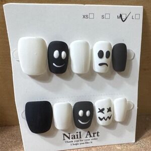 Nail Art Press On Nails Black White Ghost Smiley Face Matte Square Size Medium